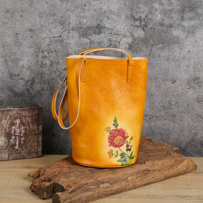 Retro Real Cowhide Hand-Printed Natural Genuine Leather Leisure Large Capacity