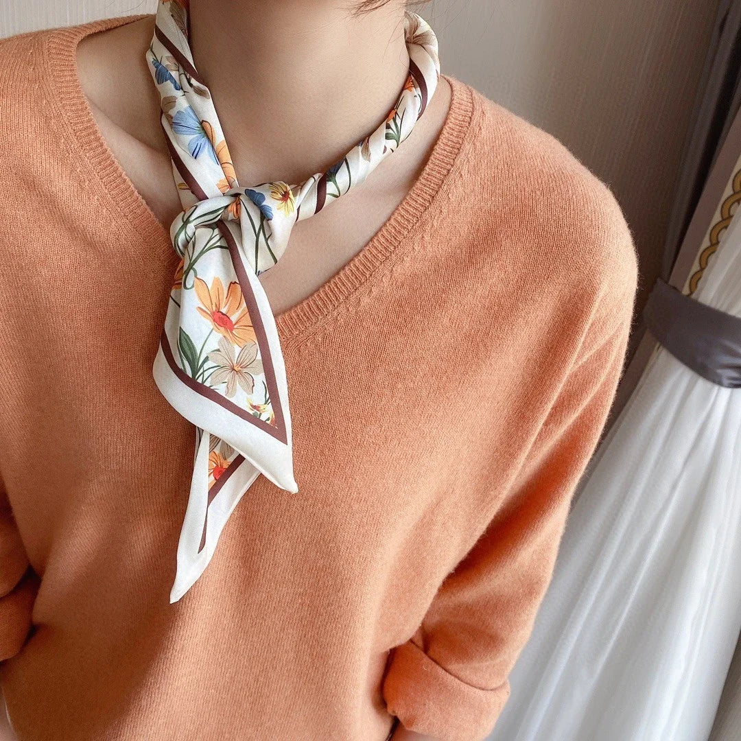 Fashion Headbands Women's Flower Print Lightweight Scarf Streamer Soft Satin Neckerchief