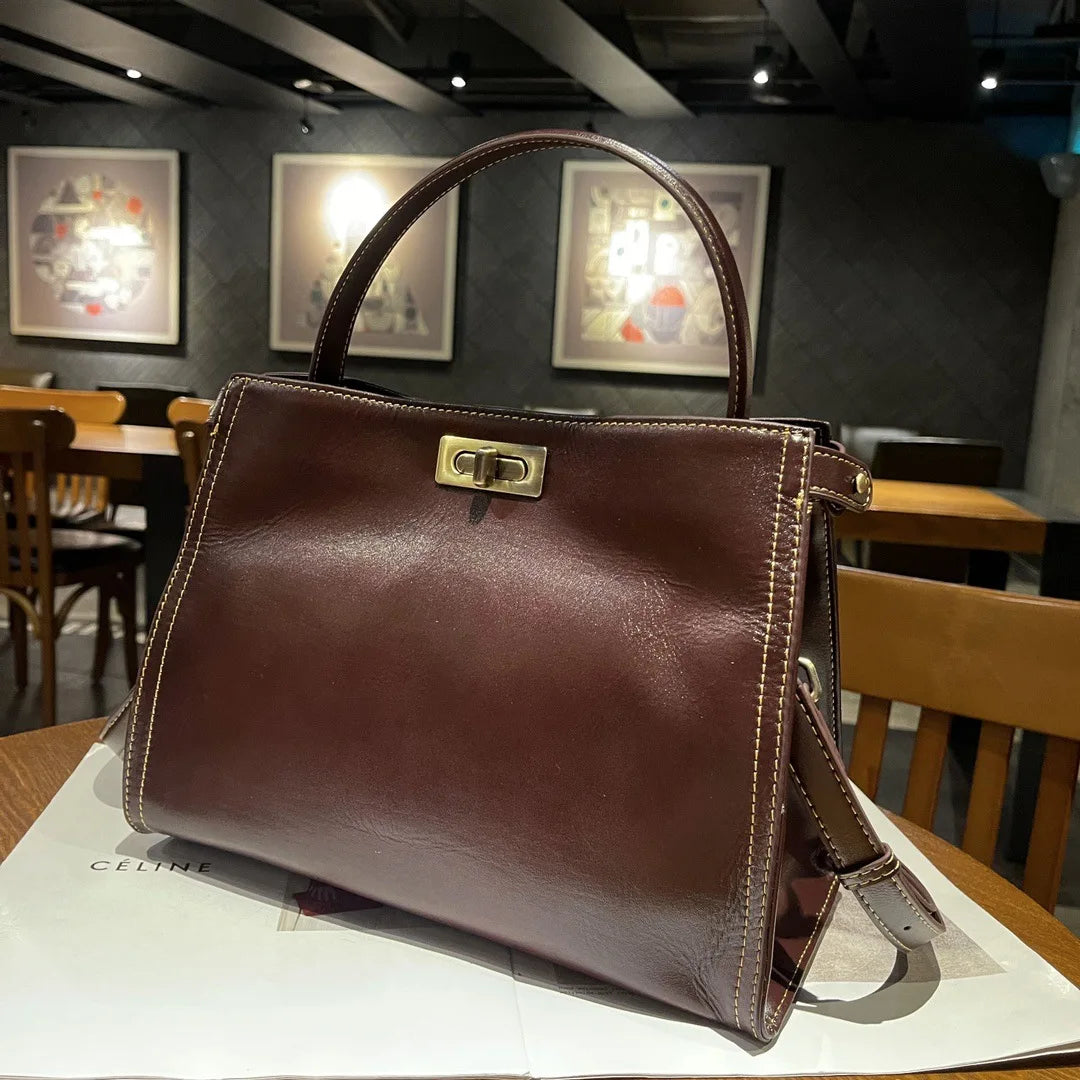 Oil Wax Cow Leather Tote Bag Small Vintage Genuine Leather Bag