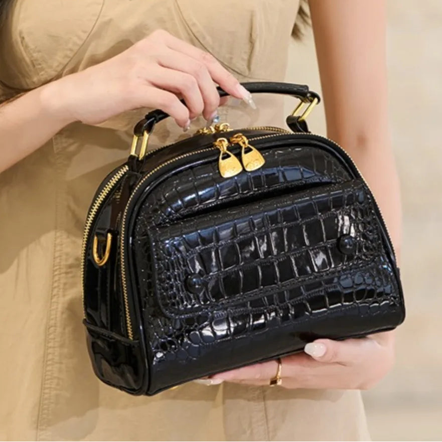 Two Layers Tote Bags Alligator Patent Leather Handbag