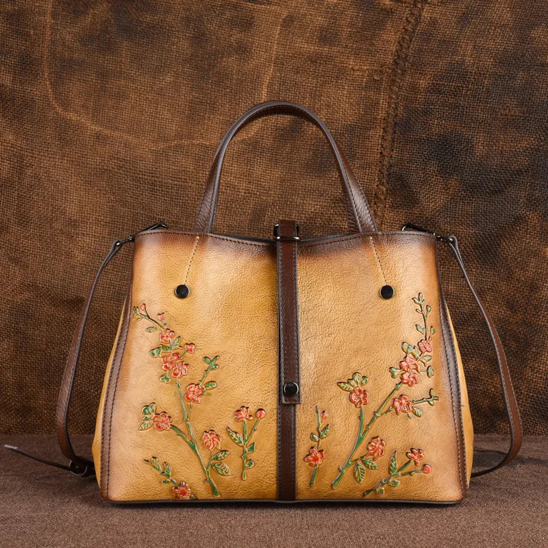 Genuine Leather Retro Embossed Women Crossbody Handbag