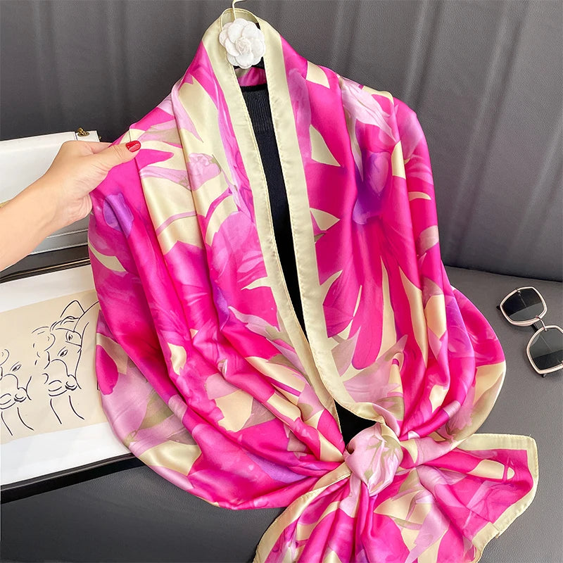 180*90cm Large Silk Satin Scarf Hijab Women Print Shawl