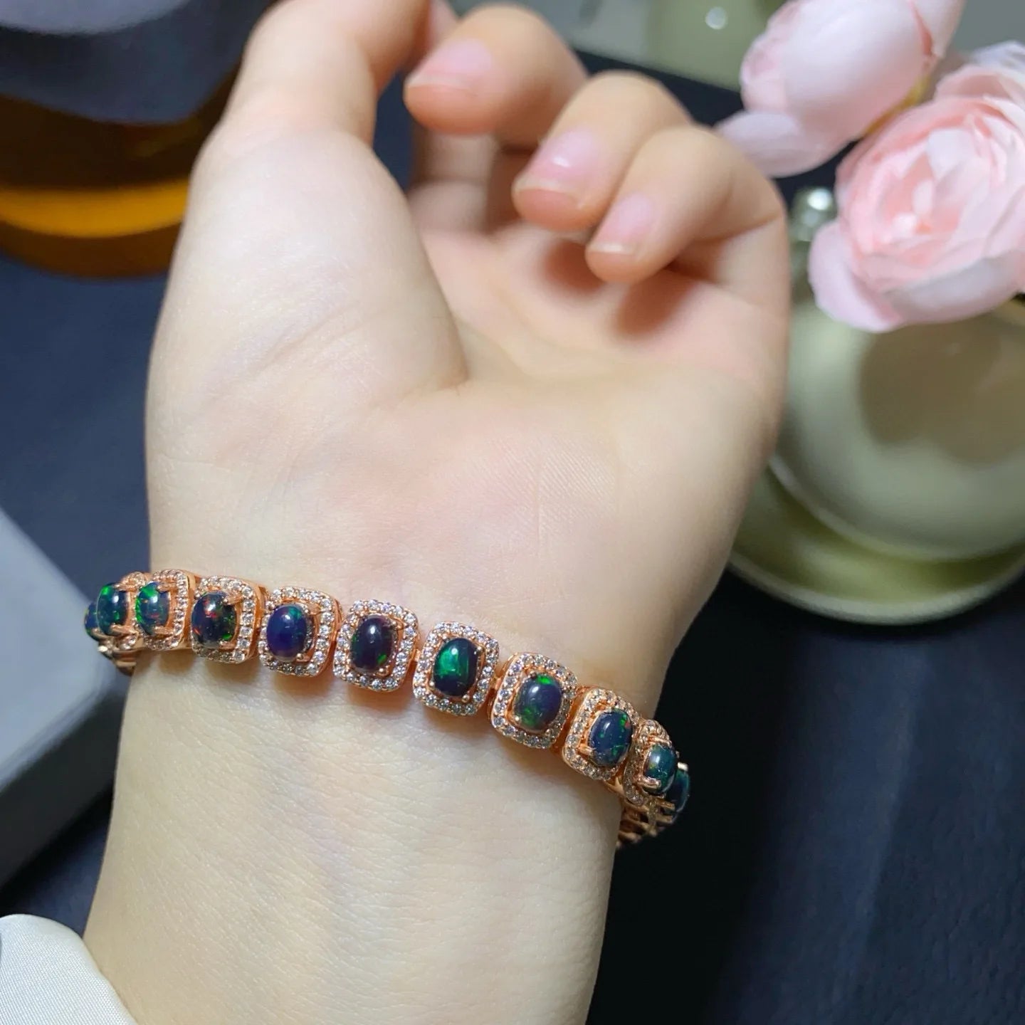 Natural Flash Fire Black Opal Bracelet 4*5mm Large Center Stone