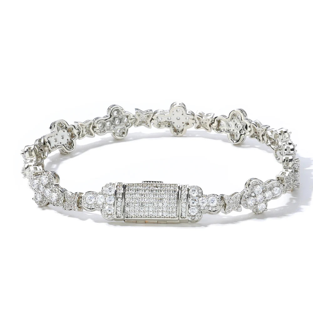Trendy Niche Jewelry Chain 10mm Cross Flower Filled Zircon Bracelet for Men and Women