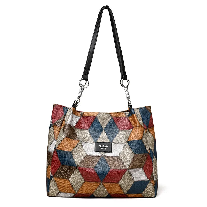 Fashion Contrast Color Large Capacity Female Tote Bag PU Leather Shoulder Bag