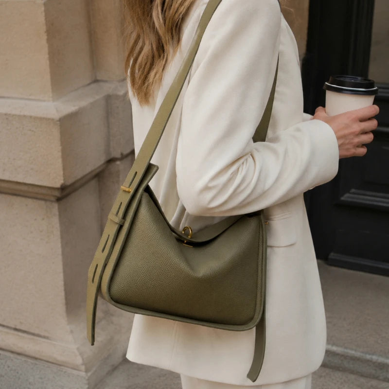 Genuine Leather Hobo Crossbody Flap Shoulder Bag Wide Strap