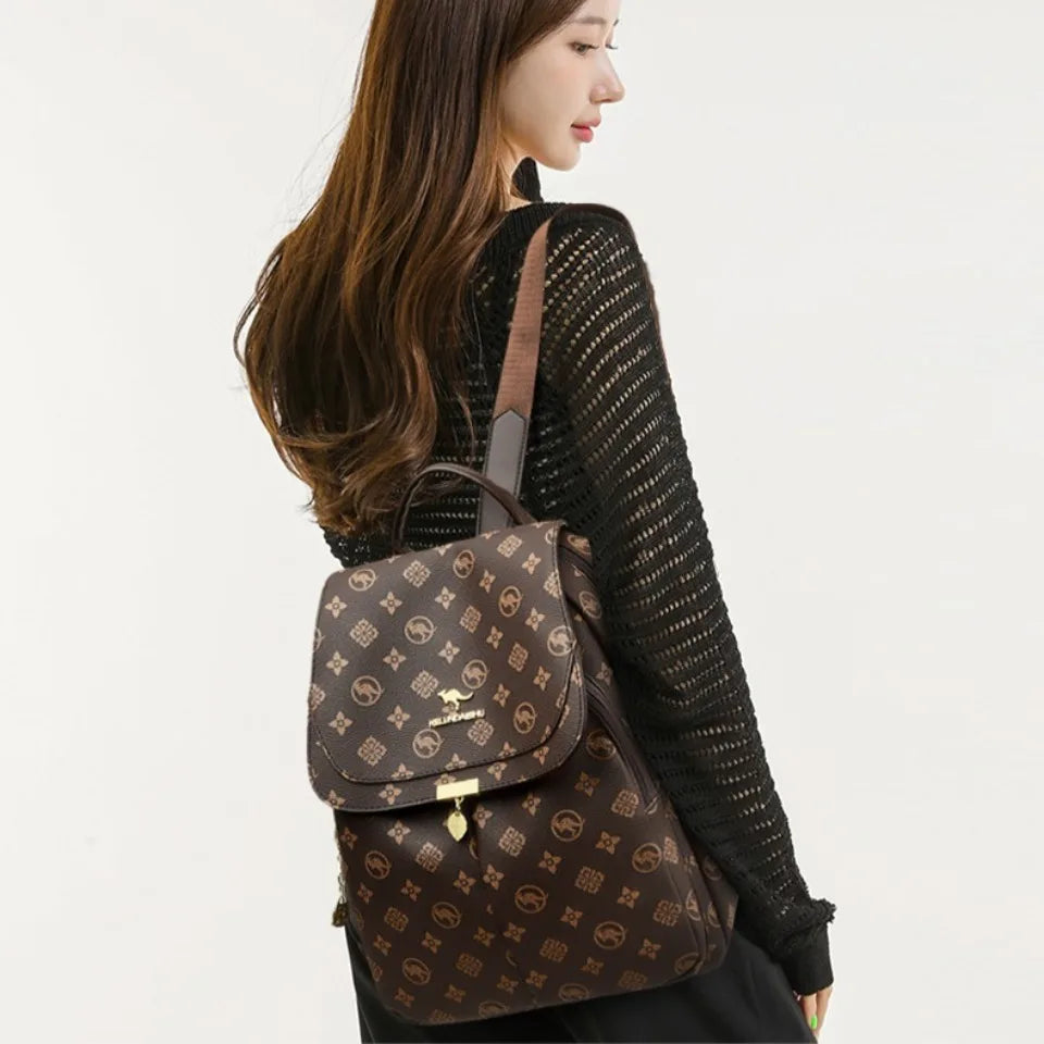 Classic Kangaroo Printed Backpacks Pu Leather Backpack
