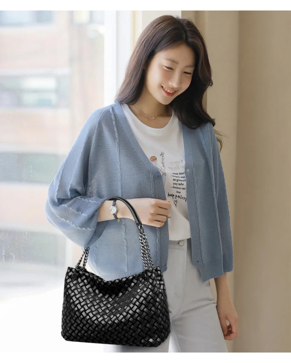 High Quality Chain Woven Soft Pu Leather Women's Tote Bag