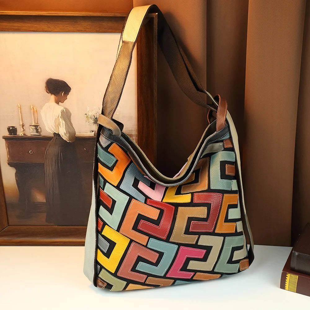 Retro Handmade Splicing Cowhide Leather Tote Bag Ethnic Style