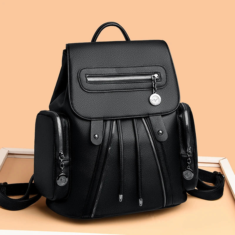 Fashion Backpack High Quality Leather Multi-pocket Rucksack