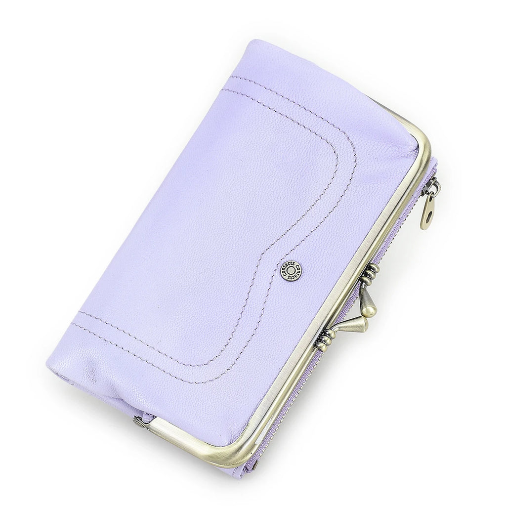 Genuine Leather Kiss Lock Long Wallets for Women Metal Frame Female Purse Card Holder