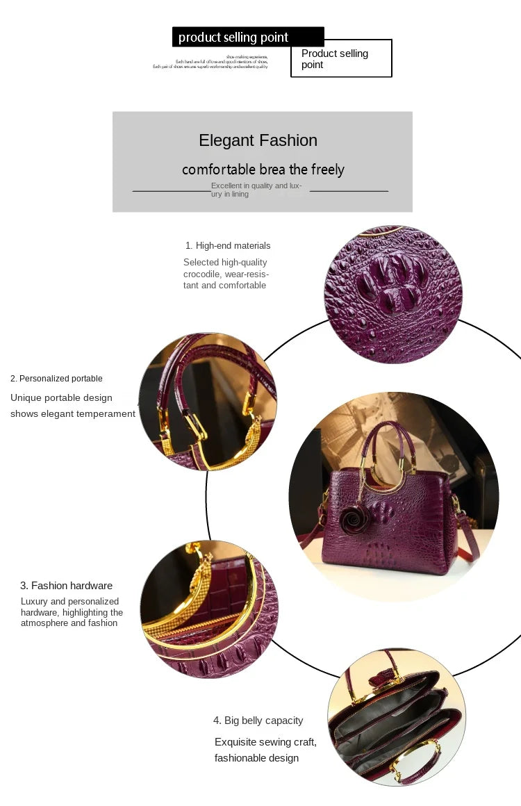 Genuine Leather Handbags Crocodile Pattern Flower Tassel Shoulder Messenger Bag