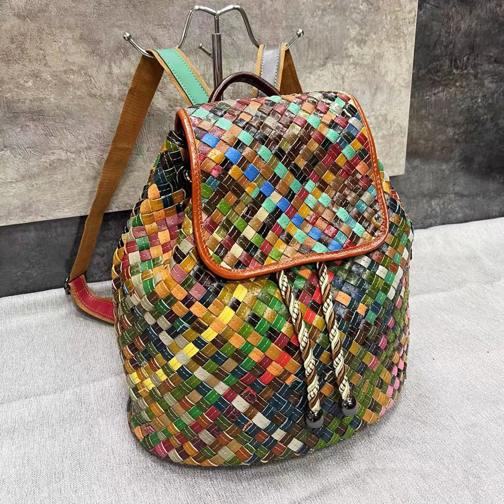 Color Weaving Genuine Leather Backpack Real Cow Leather Backpack Vintage Fashion