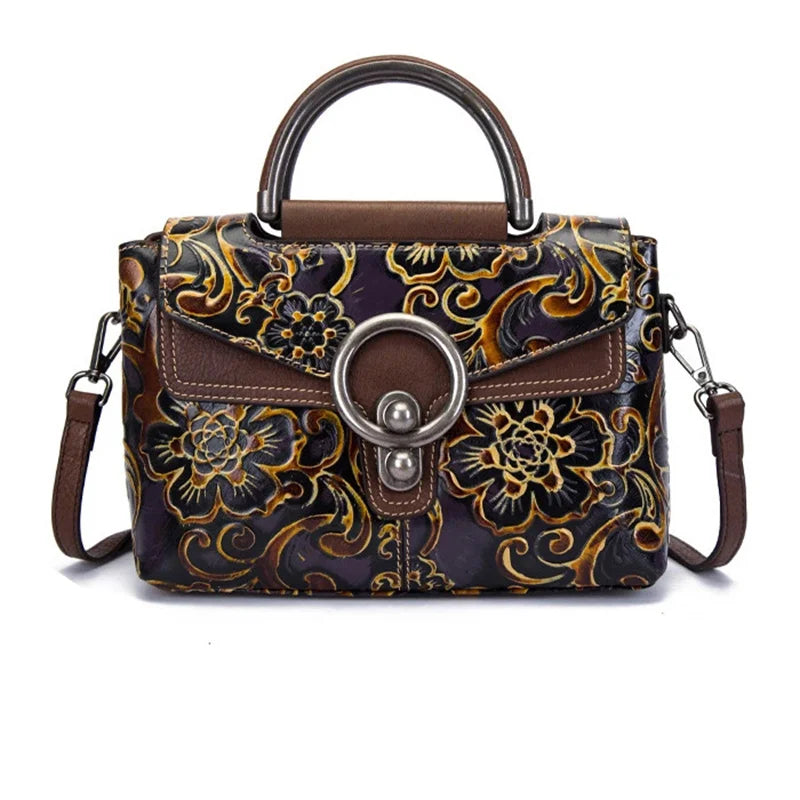 Floral Genuine Leather Tote Bag Vintage Shoulder Handbag