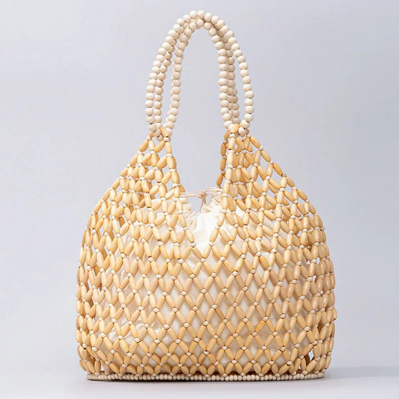 Exquisite Hollow-out Wooden Beaded Shoulder Handbag
