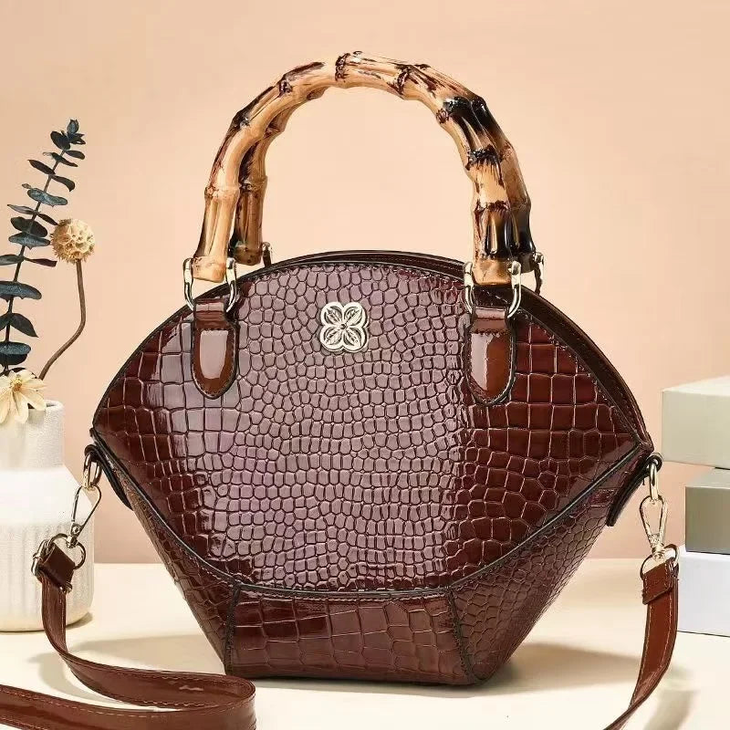 Fashionable Bag Texture Retro Bamboo Handbag Niche Creative Stone Pattern Leather Bag