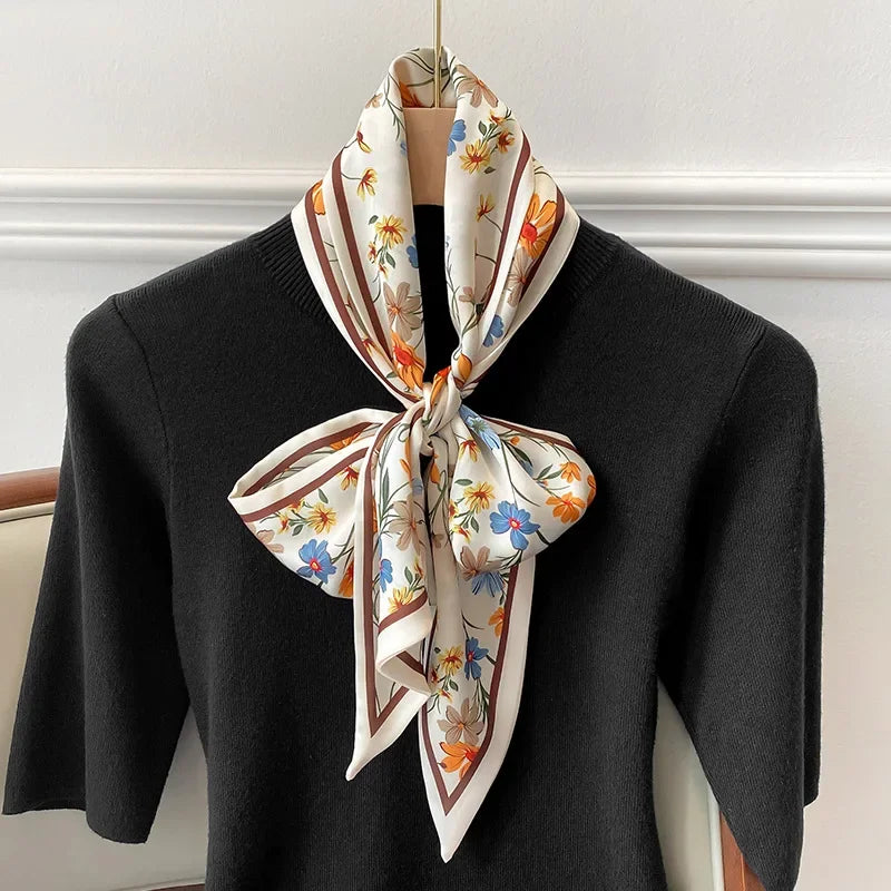 Fashion Headbands Women's Flower Print Lightweight Scarf Streamer Soft Satin Neckerchief