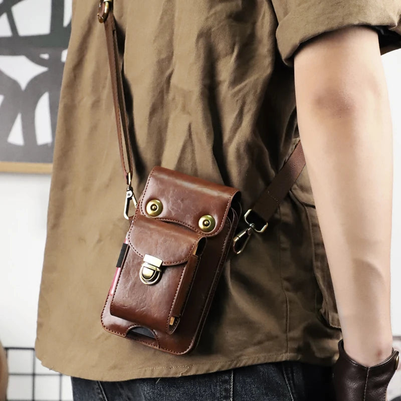 Men's Cowhide Leather Shoulder Crossbody Phone Bag