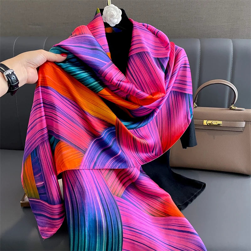 180*90cm Large Silk Satin Scarf Hijab Women Print Shawl