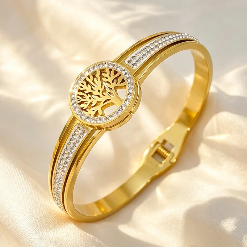 Tree Of Life Crystal Bangle Gold Stainless Steel Spring‑Open Bracelet