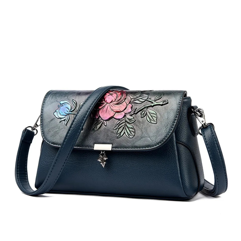 Vintage 3D Floral Embossed Crossbody Bag Soft Leather Elegant Bag Luxury Handbag