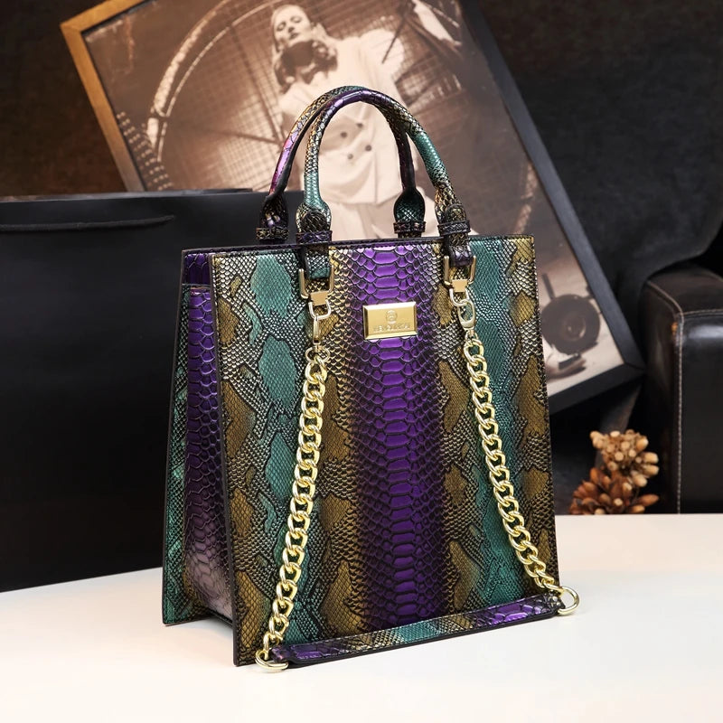 Cowhide Leather Women Handbag Fashion Serpentine Tote Bag
