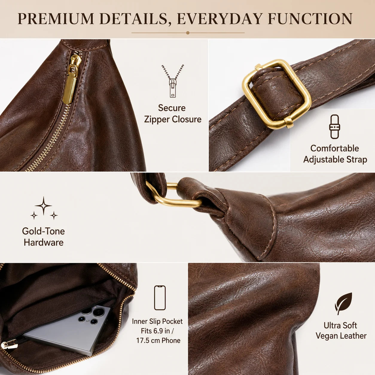 Ultra Soft Vegan Leather Hobo Bag Slouchy Foldable Tote