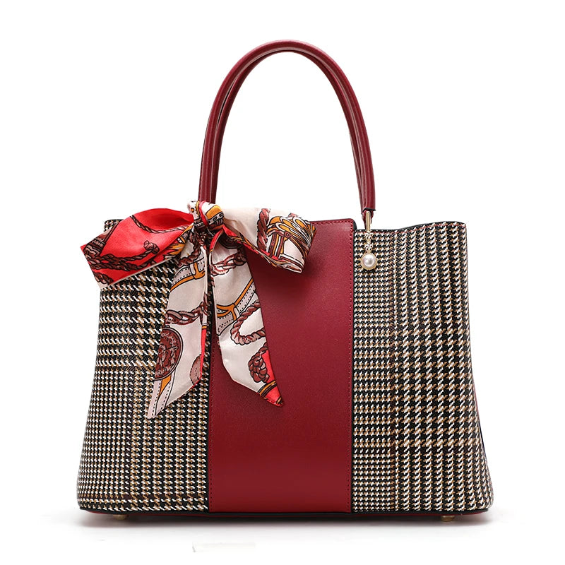 High-capacity cowhide women's fashionable contrasting color handbag