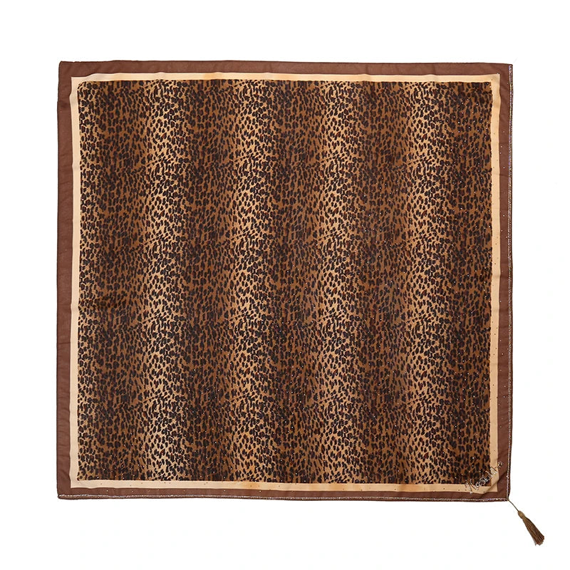 Rhinestone Leopard Print Square Scarf Tassels Satin Shawls