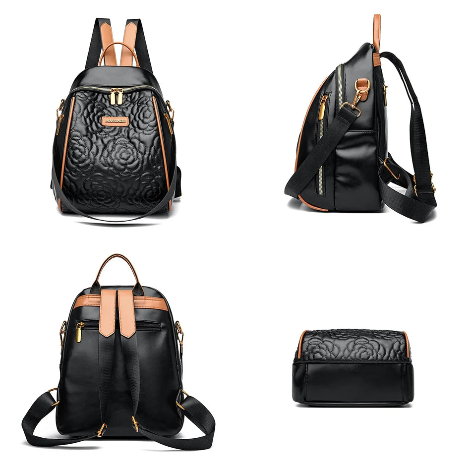 Luxury Flower Pattern Backpacks High Quality Leather Rucksack Travel Bags