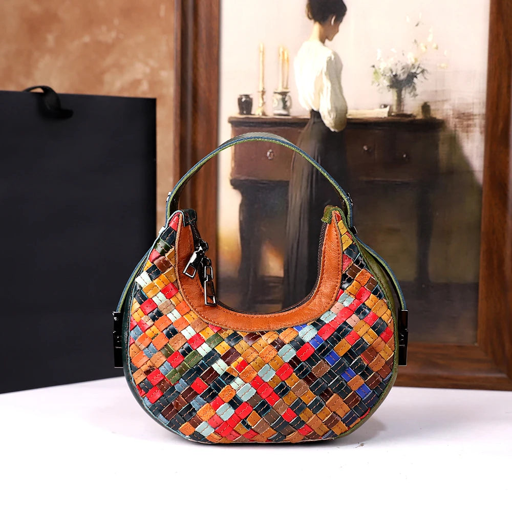 High-end leather retro hand-stitched woven crossbody bag