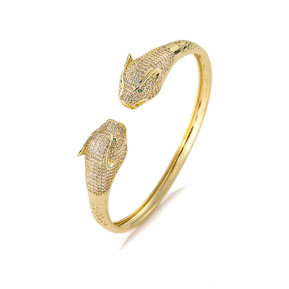 Trendy leopard head open bracelet 18K gold electroplated