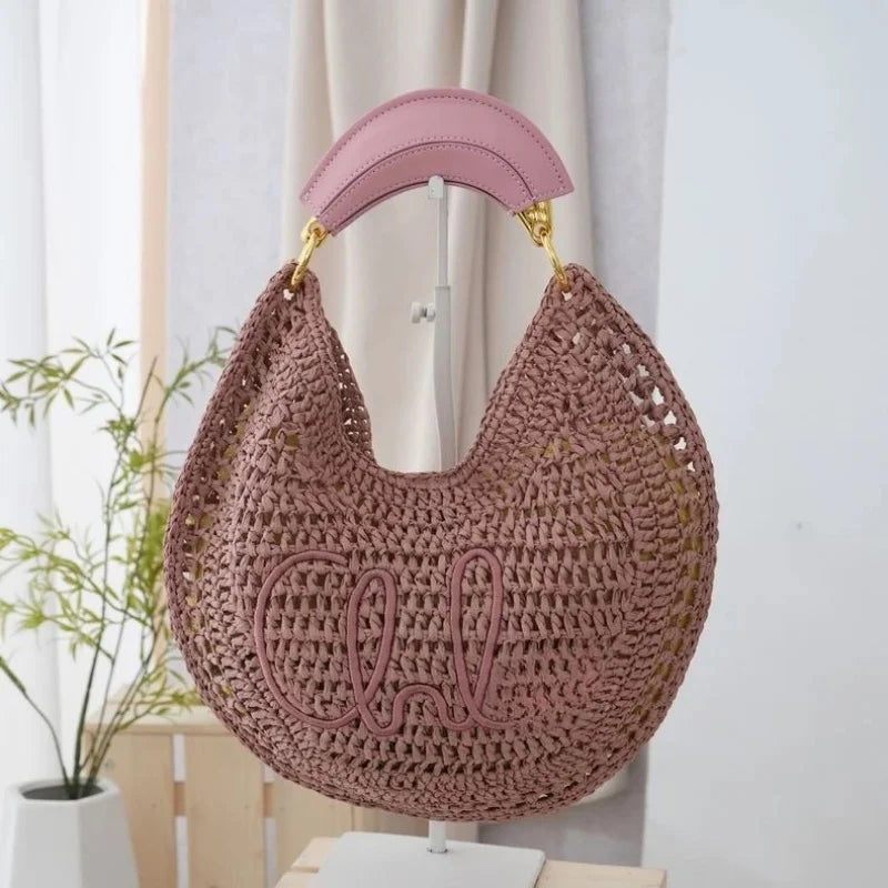 Straw Woven Crescent Hollow Design Large Capacity Bag