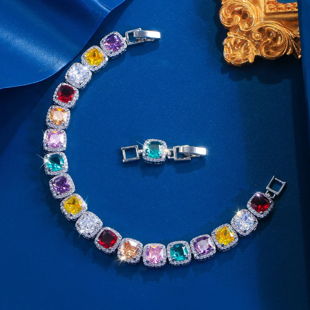 Luxury Brilliant Purple Pink Yellow Zirconia Square CZ Tennis Bracelet Jewelry for Women