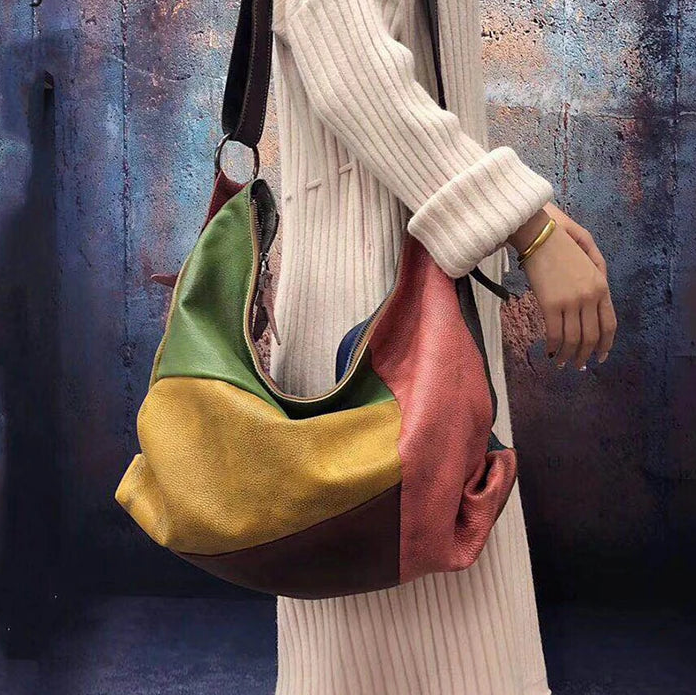 Oversized Genuine Leather Patchwork Vintage Hobo Shoulder Bag