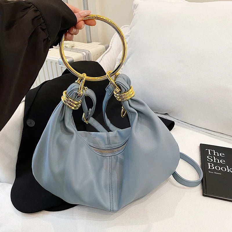 Fashion Hobo Bag Luxury Design Gold Ring Handle Clutch Bag