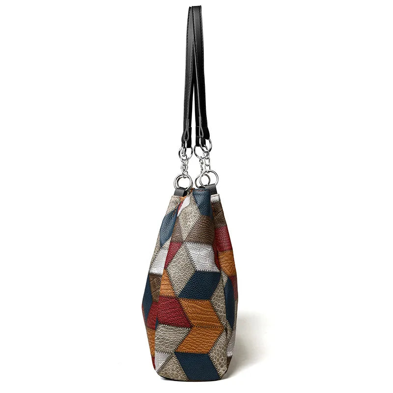 Fashion Contrast Color Large Capacity Female Tote Bag PU Leather Shoulder Bag