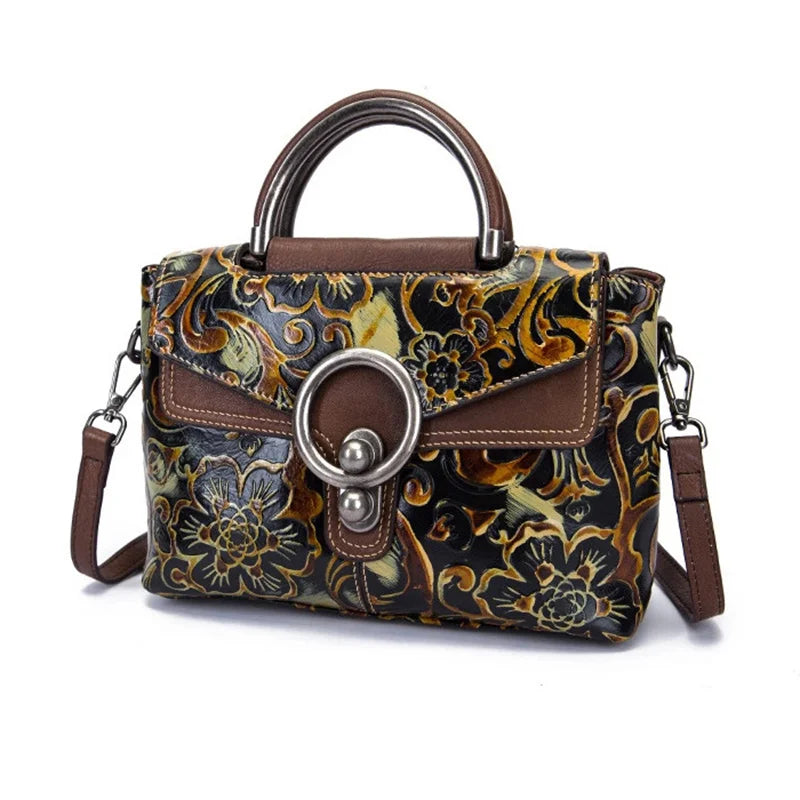Floral Genuine Leather Tote Bag Vintage Shoulder Handbag
