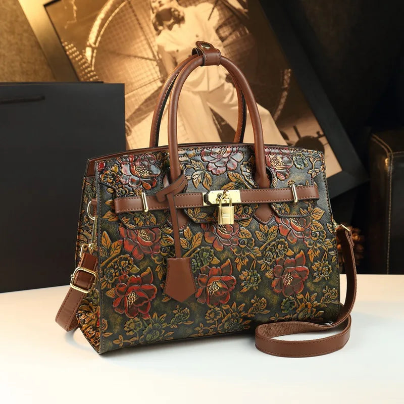 Retro Platinum Leather Handbag 3D Relief Floral Embossed Shoulder Bag for Women