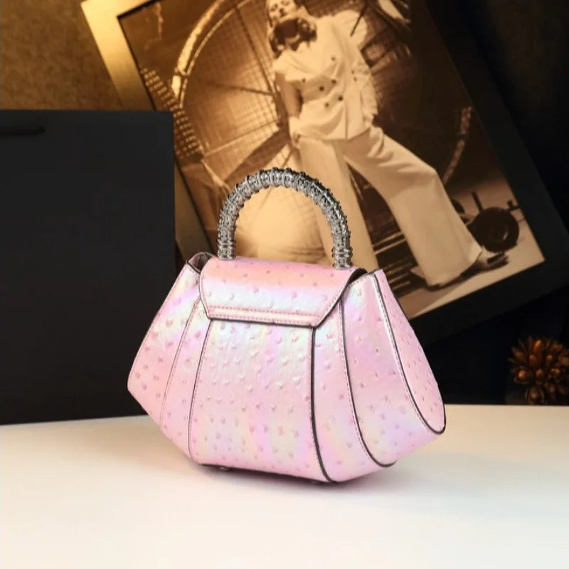 Stylish light luxury colorful unique shape ostrich pattern small square patchwork handbag