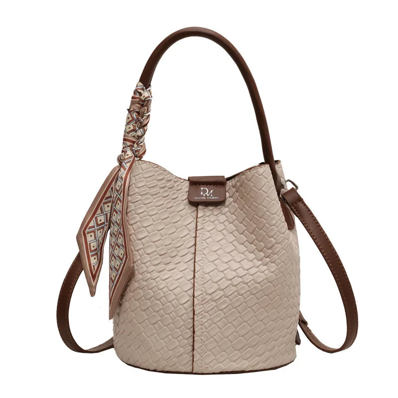 Fashionable Women's Bucket Bag Stylish Solid Color Woven Effect Handbag