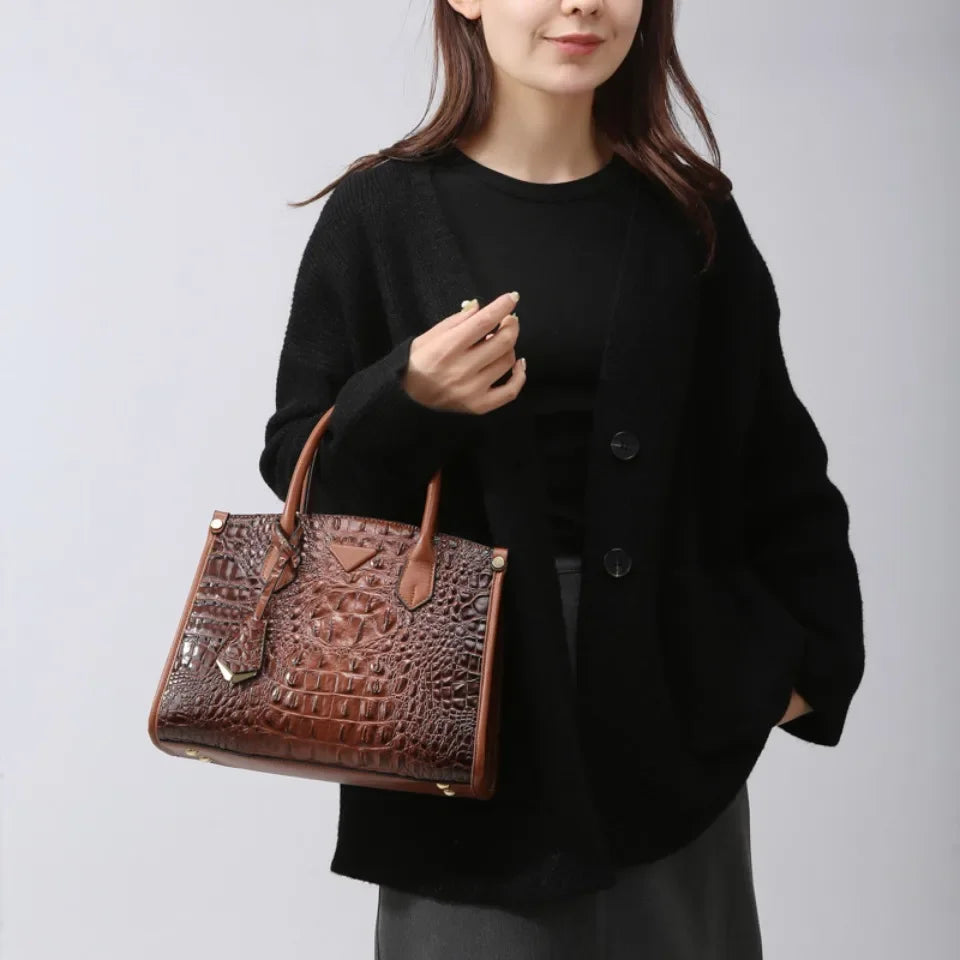 Large Top-Handle Bag Vintage Crocodile Design Shoulder Bag