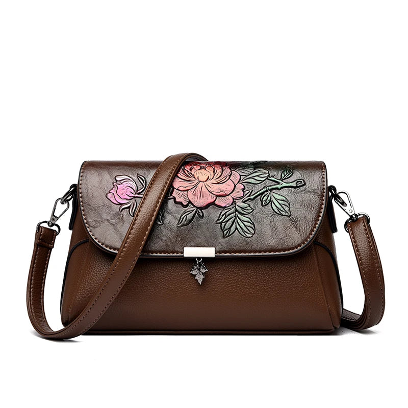 Vintage 3D Floral Embossed Crossbody Bag Soft Leather Elegant Bag Luxury Handbag