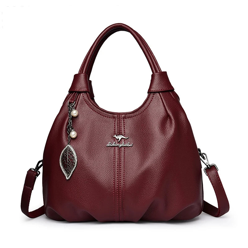 Soft Leather Hobo Handbag 3 Layer Shoulder Crossbody Bag with Pearl Leaf Pendant