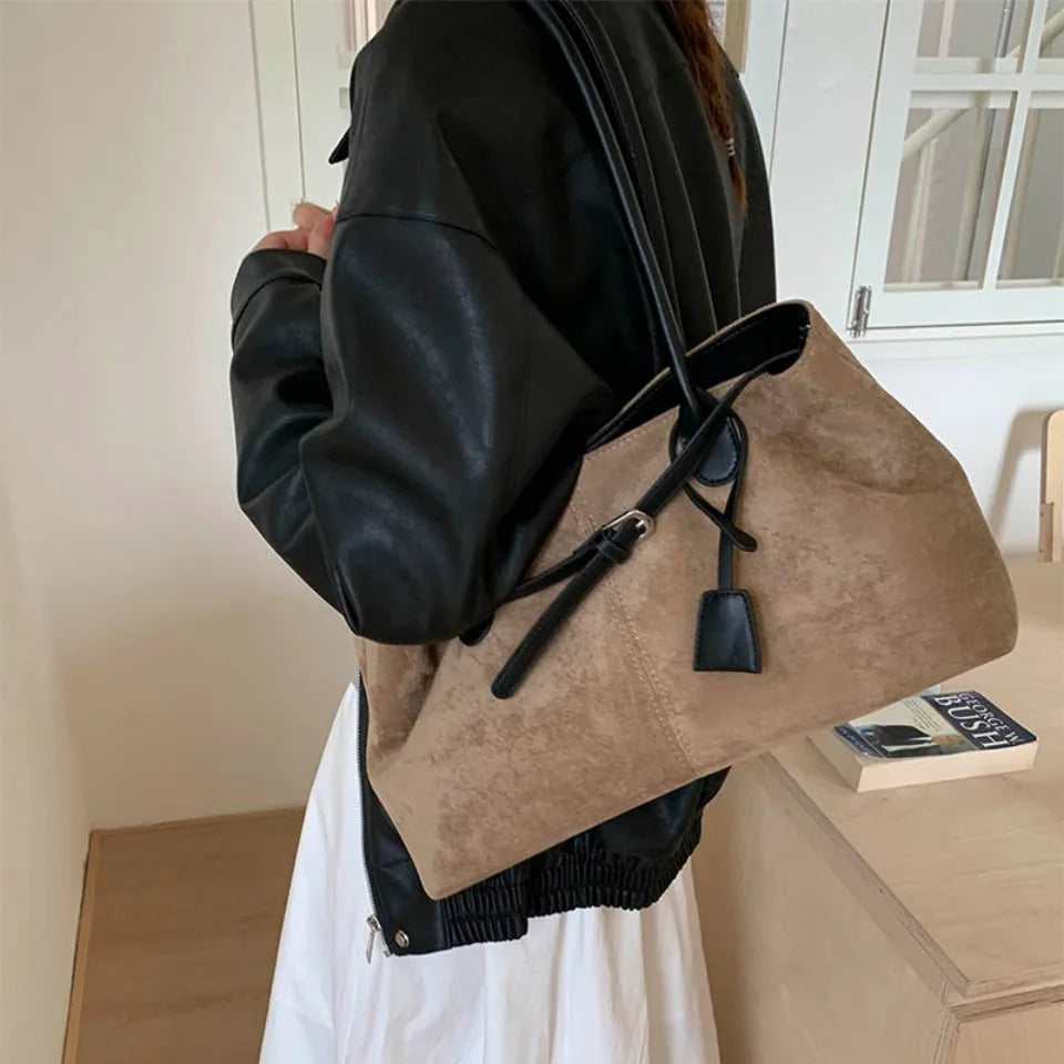 Vintage Faux Suede Leather Tote Bag Contrast Color Strap Casual Shoulder Handbag