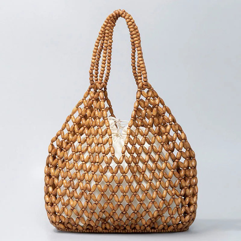 Exquisite Hollow-out Wooden Beaded Shoulder Handbag