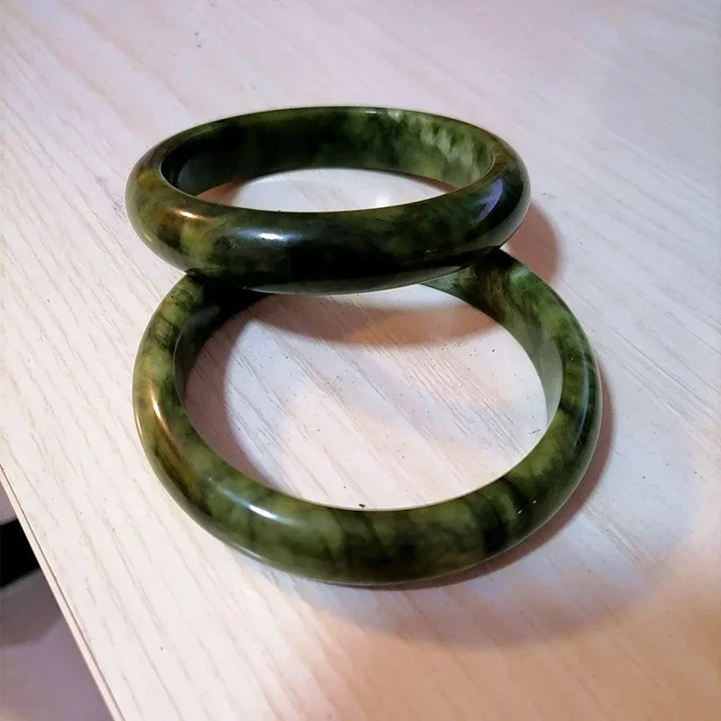Natural Green White Hand Carved Wide Jade Bracelet