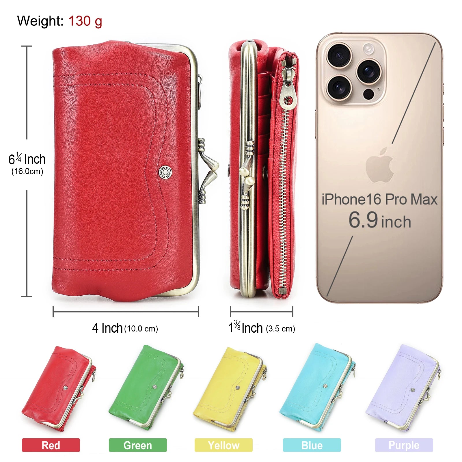 Genuine Leather Kiss Lock Long Wallets for Women Metal Frame Female Purse Card Holder