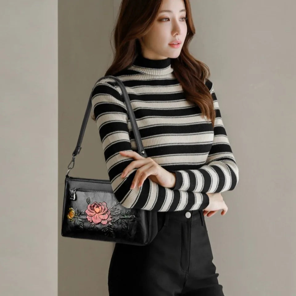 Genuine Brand Top Quality Pu Leather Vintage 3D Floral Embossed Elegant Handbag
