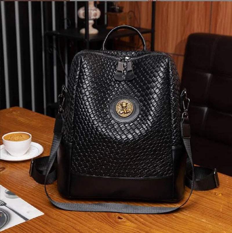 Fashion High Quality Woven Soft Leather Backpack Women Large Capacity Travel Bag